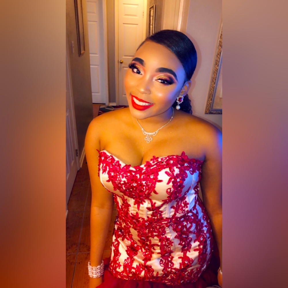 Red and cream prom dress